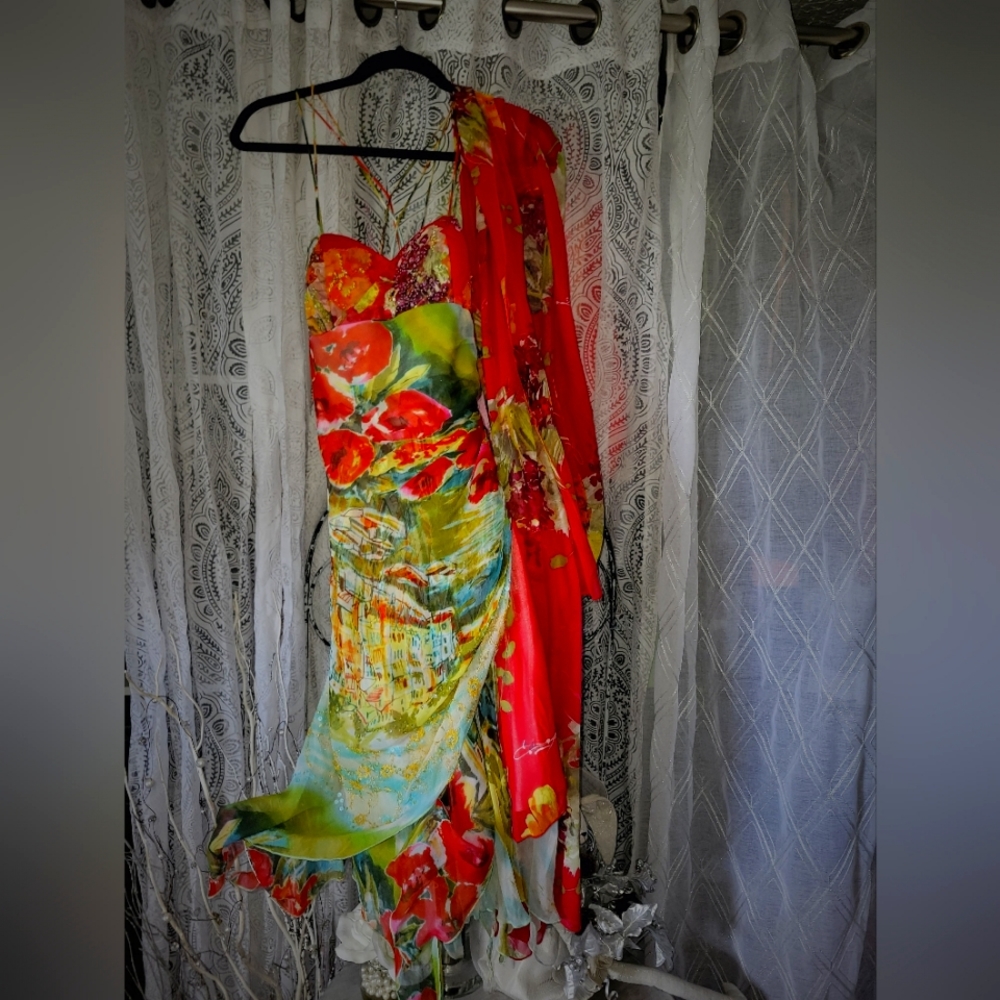 Diane Freis silk chiffon beaded evening dress w/ shawl like new absolutely gorge